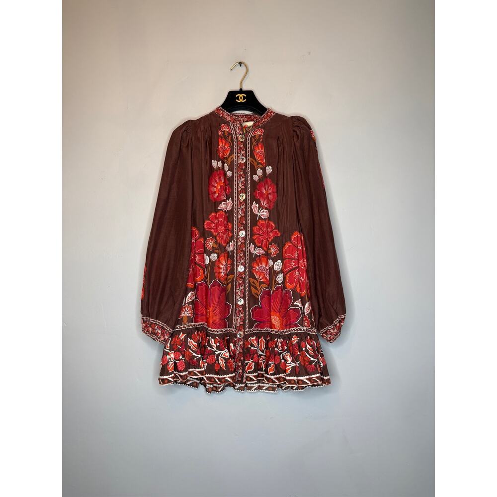 NWOT Farm Rio Gigi Tapestry Belted Mini Dress Floral Brown and Red XXS 2XS